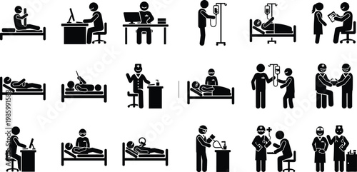 Hospital medical pictogram icons set with patients doctors nurses treatment procedures and healthcare situations black silhouette vector collection