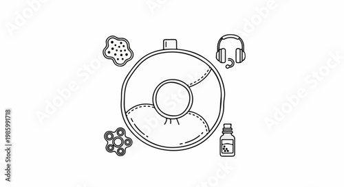Collection of symbols a fidget spinner, headphones, and a medicine bottle next to a segmented circle