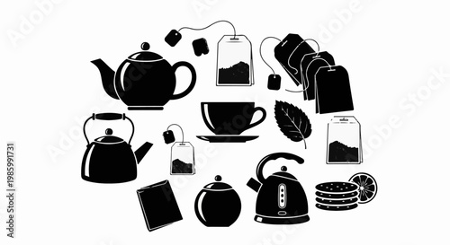 Collection of tea-related items, including teapots, teacups, tea bags, sugar pot, and cookies