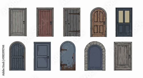 Collection of ten different old wooden and stone doors in various styles