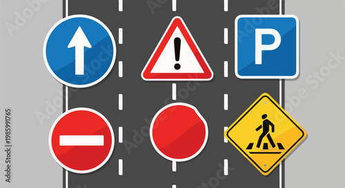 Collection of traffic signs including a pedestrian crossing, no entry, and parking signs