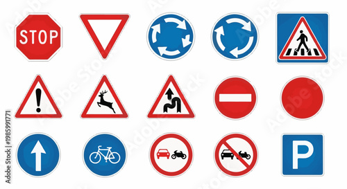 Collection of traffic signs including stop, yield, and various warnings