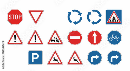 Collection of traffic signs stop, yield, warning, and regulatory symbols