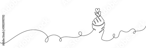 Continuous one line heart love hand korean finger icon care. Korean heart sign one line self valentine vector doodle symbol outline drawn art day drawing illustration print trend logo k gesture happy.