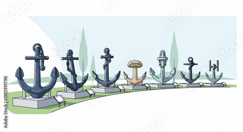 Collection of varied anchors displayed outdoors with trees