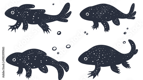 Artistic depiction of four aquatic creatures with spotted bodies and dark, textured appearance