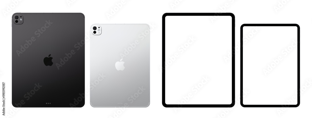 Obraz premium Photorealistic detailed Apple iPad Pro M5 11 and 13 inches 2025 Space black and silver mockup. Real dimentions. Front and rear view isolated on transparent background. Vector editorial PNG