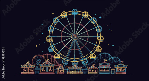 Colorful amusement park rides illuminated against a dark night sky