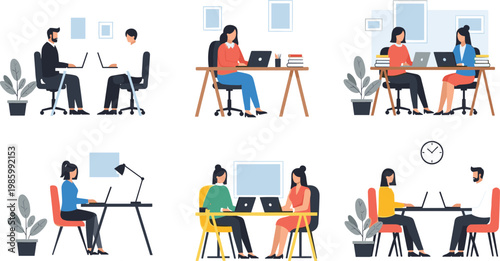 Modern Office Work and Remote Collaboration Illustration Set with People Using Laptops, Team Discussions, Freelance Workspaces, and Professional Communication Scenes