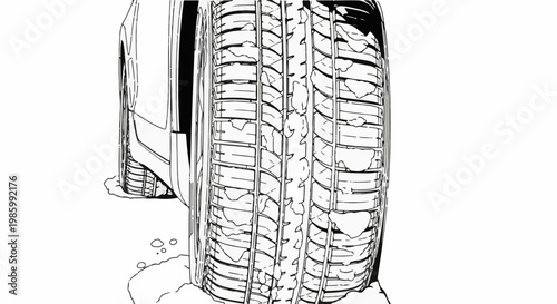 Close-up view of a car tire with a detailed tread pattern, partially obscured