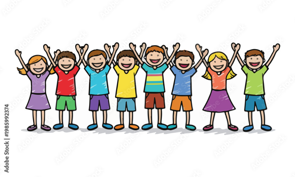 Fototapeta premium Happy children raising hands cartoon illustration on white background