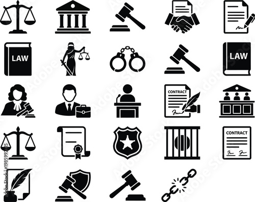 Law and justice icon set, 24 black legal vector symbols, courthouse and attorney flat icons, professional judicial system elements for legal services