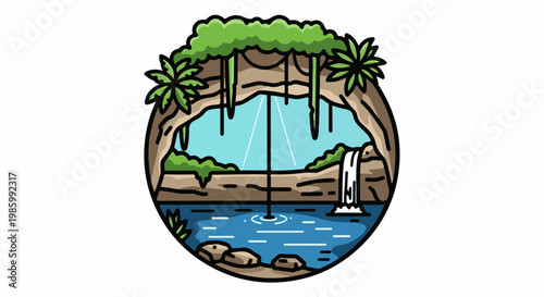 Cave entrance with a waterfall into a blue pool, jungle foliage