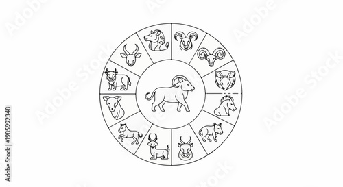 Circular chart displays twelve zodiac animals in segmented sections surrounding a central ram