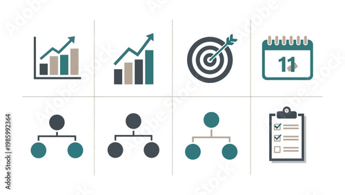Business Icons: A collection of meticulously designed icons representing key business concepts like growth, planning, and achieving goals. Perfectly suited for presentations, websites.