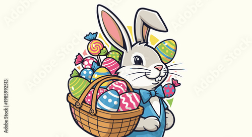 Cheerful bunny in blue suit with basket full of colorful Easter eggs and candies