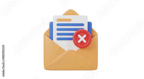 Vector illustration of 3d render of an open envelope with a document and a red error cross icon on a transparent background