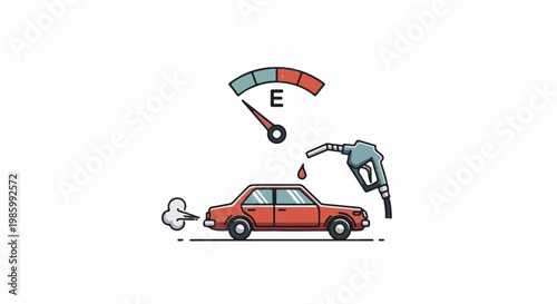 Cartoon car at gas station with fuel gauge near empty and drop