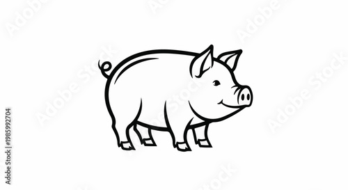 Cheerful cartoon pig with curly tail and hooves, on white background