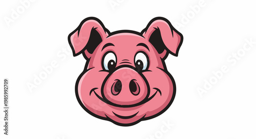 Cartoon pig face with wide smile, blue eyes, and pink snout