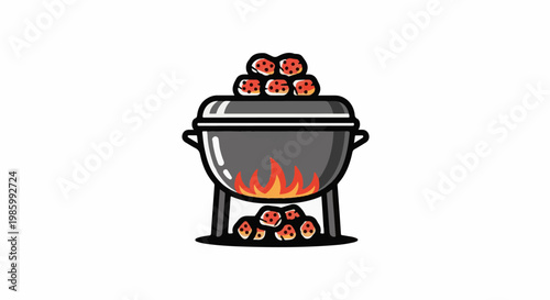 Cartoon charcoal grill with burning coals and meat patties