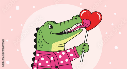 Cartoon alligator in polka dot shirt licking a red heart-shaped lollipop