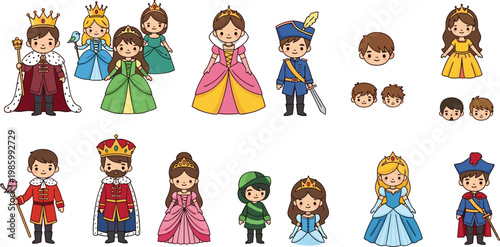 Royal Family Cartoon Character Vector Set with King Queen Prince Princess Costumes Fairy Tale Figures and Kids Fantasy Collection for Children Illustration Design