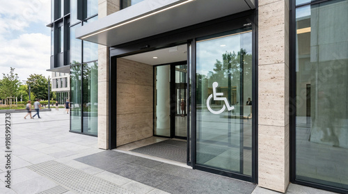 Wheelchair accessible entrance with clear signage in modern building  