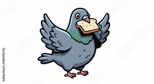 Cartoon pigeon with open wings and a slice of toast in its beak