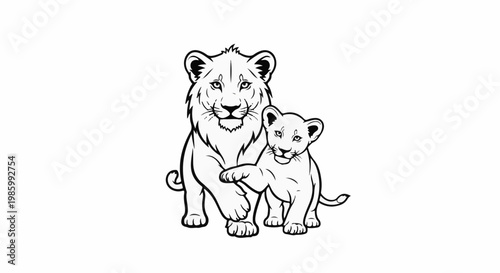 Cartoon adult lion and cub posing together, black and white line art
