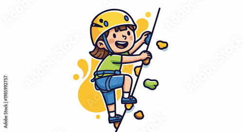 Cartoon child in helmet ascends rock climbing wall with colorful holds