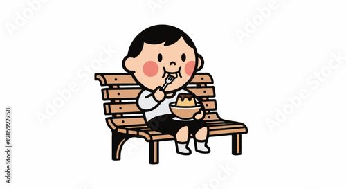 Cheerful child enjoys sweet pudding on a park bench