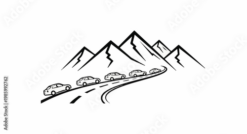 Cars driving on a winding road through mountains in black and white