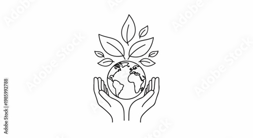 Caring hands cradle the planet with leaves sprouting upwards