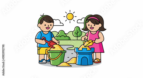 Cheerful children joyfully build sandcastles on a sunny day in a park