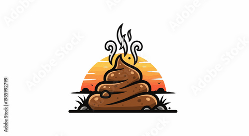 Cartoon pile of steaming excrement with a sunset backdrop