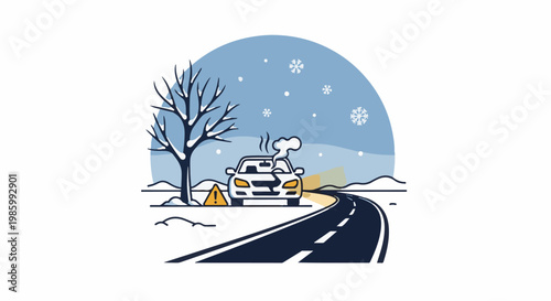 Car breakdown on snowy road with warning sign