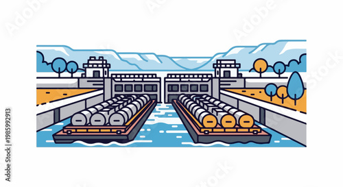 Canal locks system with barges loaded with large cylindrical cargo, mountains in background