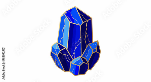 Cluster of faceted blue crystals with gold trim and interior lines