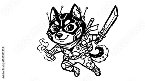 Sci-fi dog cartoon character with sword and futuristic armor, line art