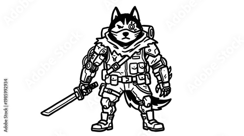 Cyberpunk Sci-Fi Husky Warrior Character with Sword Black and White Line Art Illustration