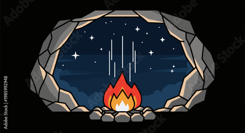 Campfire in cave opening under starry night sky with clouds