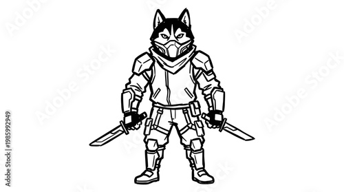 Black and White Line Art Tactical Gaming Husky Character with Dual Knives