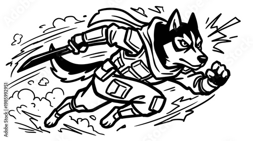 Black  White Line Art Husky Ninja Dog Character Running Fast with Katana - Gaming Mascot