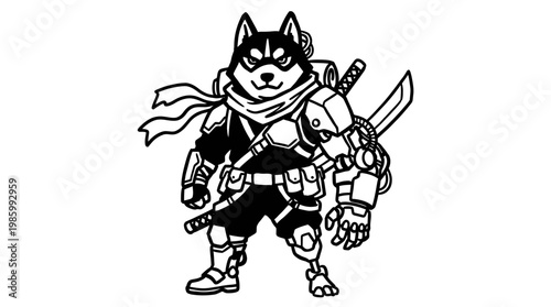 Black  White Line Art Gaming Mascot: Sci-Fi Martial Arts Shiba Inu Cyborg Character