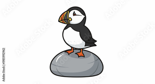 Cartoon puffin with colorful beak stands on a smooth gray rock