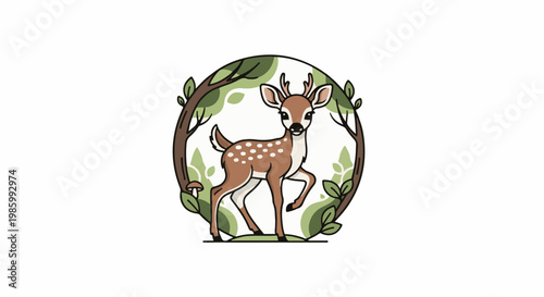 Cartoon deer with spots standing in a forest clearing with trees