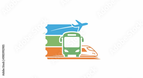 Colorful transportation icons airplane, bus, and train with tickets