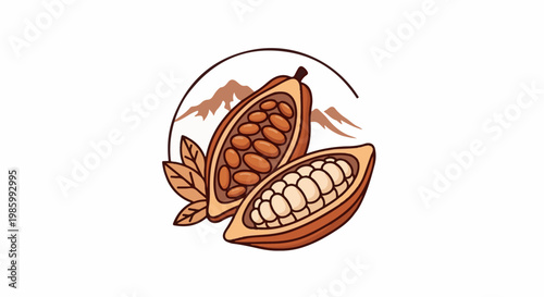 Cacao pods, beans, leaves, and mountains in a circular emblem