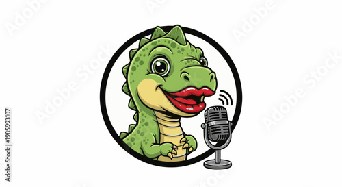 Cartoon dinosaur with big red lips and microphone broadcasting sound waves
